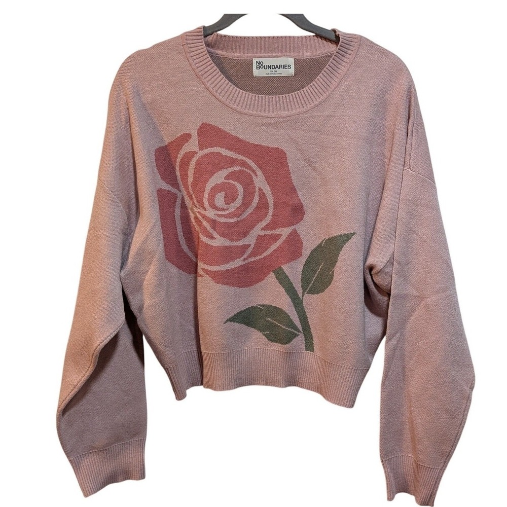 Retro Pale Baby Pink 2XL Valentine's Rose Graphic Crewneck Cropped Knit Sweater - Picture 4 of 7
